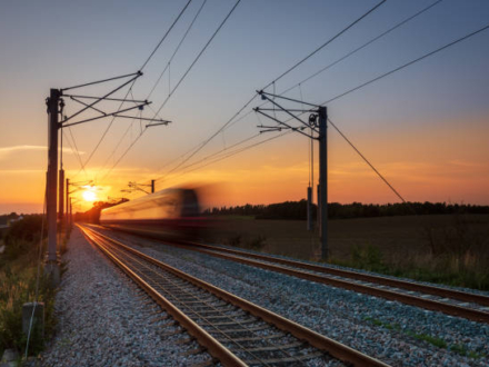 A local commuter train at sunset outside Copenhagen